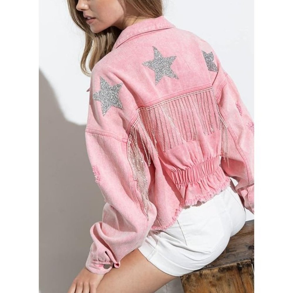 NWT Sparkling Bling Swarovski Crystal Rhinestone Pink Jacket Bustier Cow…